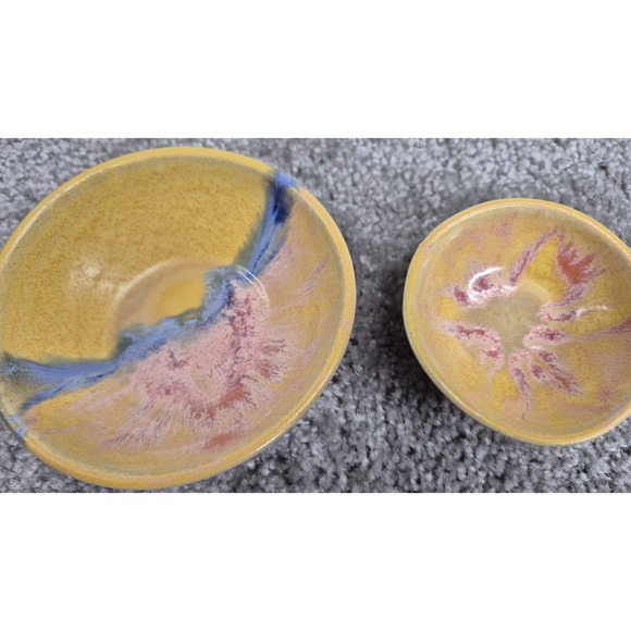 Handmade Other - Muddy Five Studio Art Pottery Bowls Stoneware Yellow Blues‎ Pink Glazed Handmade